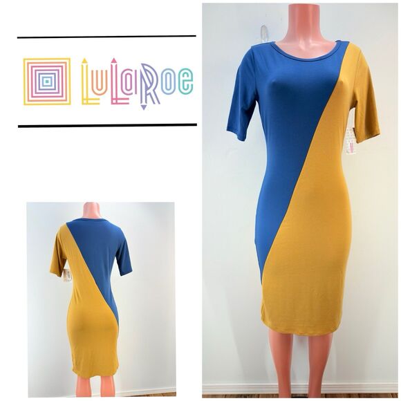 LuLaRoe Dresses & Skirts - LuLaRoe Julia M Dress Bodycon Mustard Color Blue Stretch Knee Length Comfy Soft